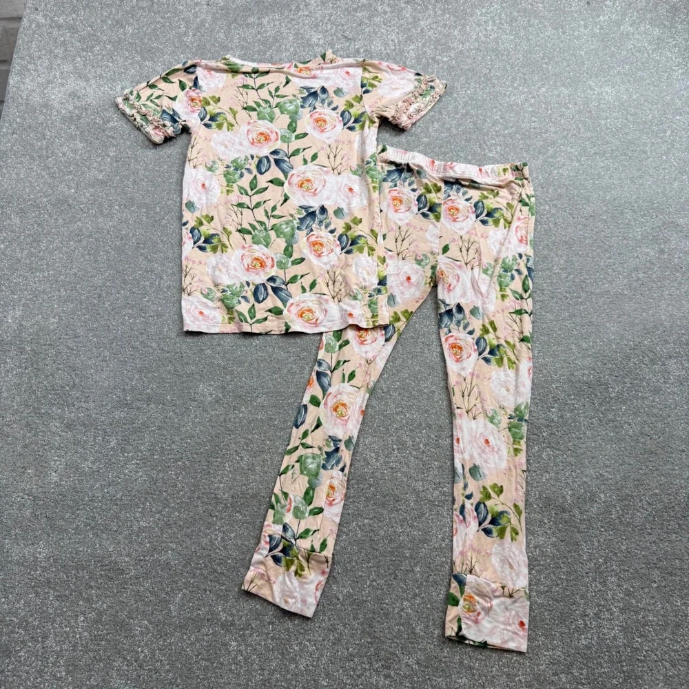Posh Peanut Harper Bamboo Pajama Set Pink Floral Ruffle Sleeve‎ 7Y PJs Cottage